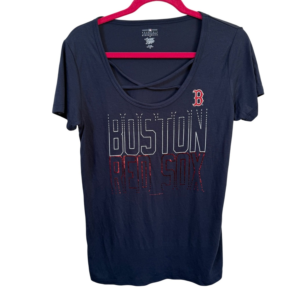 Boston Red Sox MLB‎ Campus Lifestyle Womens Navy Blue Tee Shirt Sz M Criss Cross